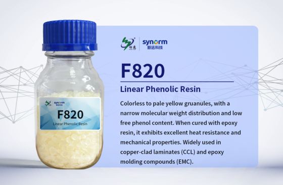 F820 Nhựa phenol tuyến tính (Novolac), hạt không màu đến vàng nhạt, phân bố trọng lượng phân tử hẹp và hàm lượng phenol tự do và tạp chất ion cực thấp